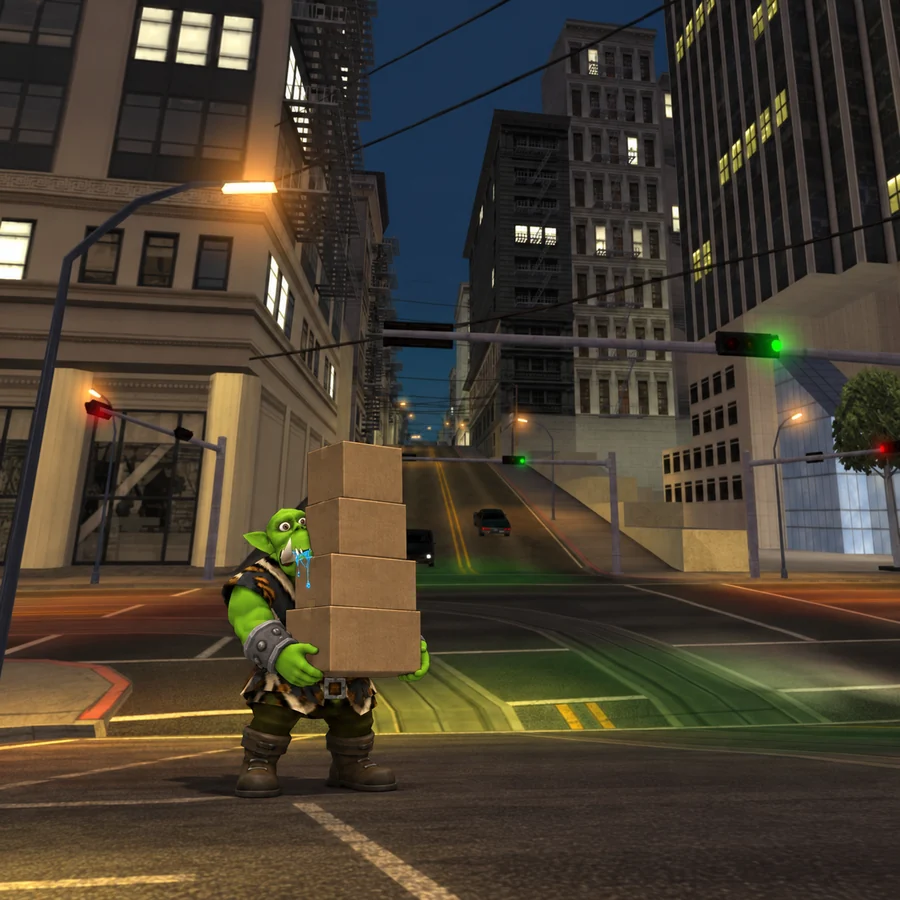 Carrying boxes across a crossing at night